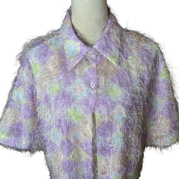 Vintage Selene Sport Pastel Feather Button Up Top XL Groovy Y2K Retro Soft Girl - Picture 5 of 9